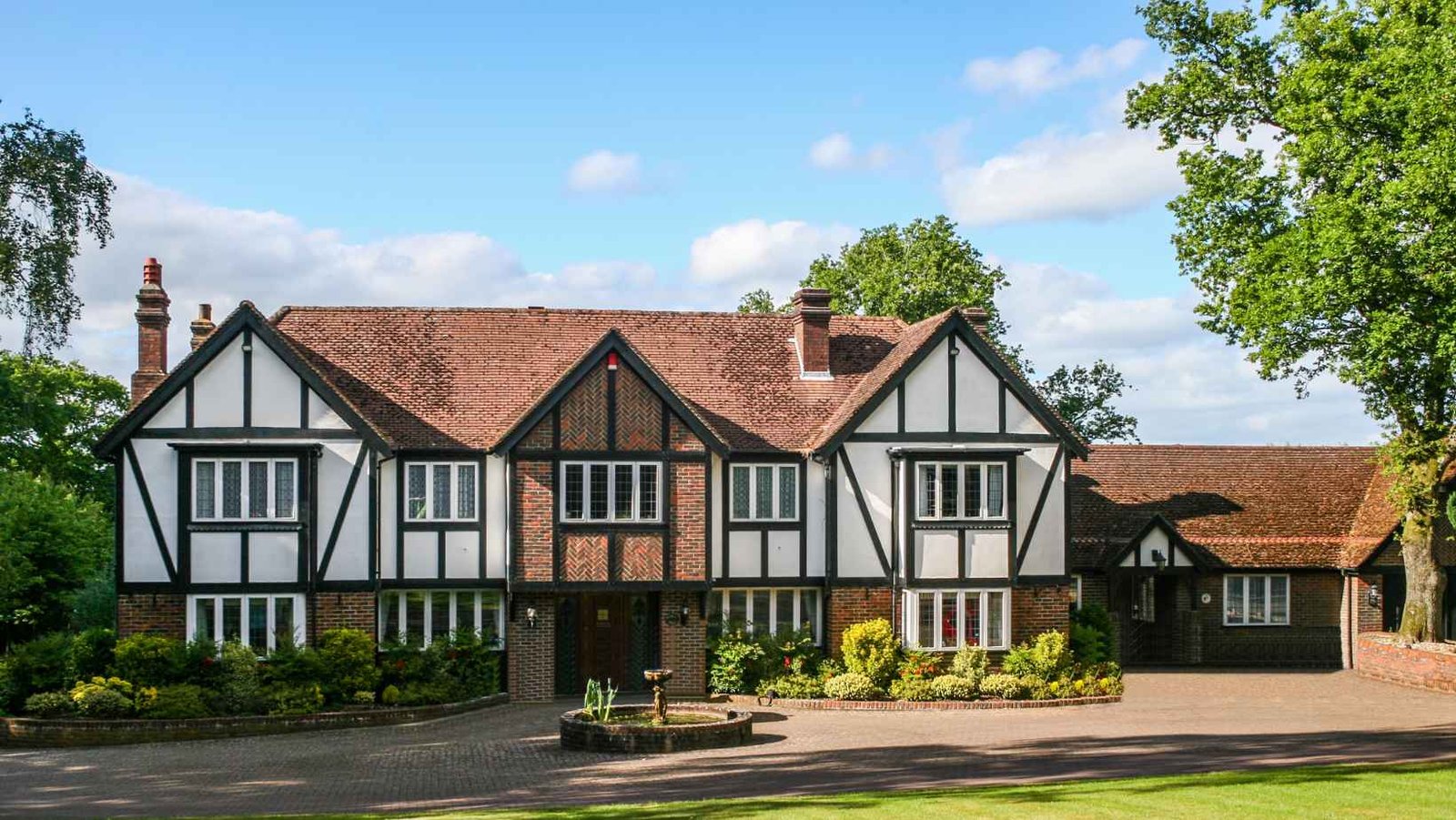 Tudor-style house with multiple chimneys