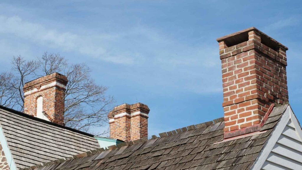 Brick chimneys on a residential roof