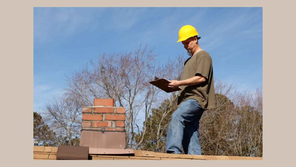 Technician inspecting a brick chimney from the roof
