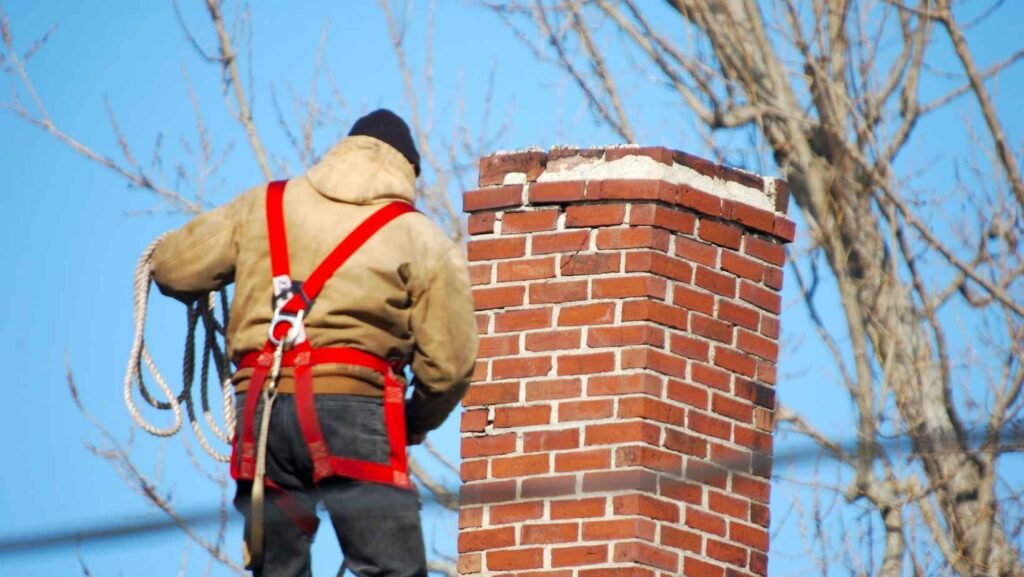Chimney sweep in a safety harness cleaning a brick chimney