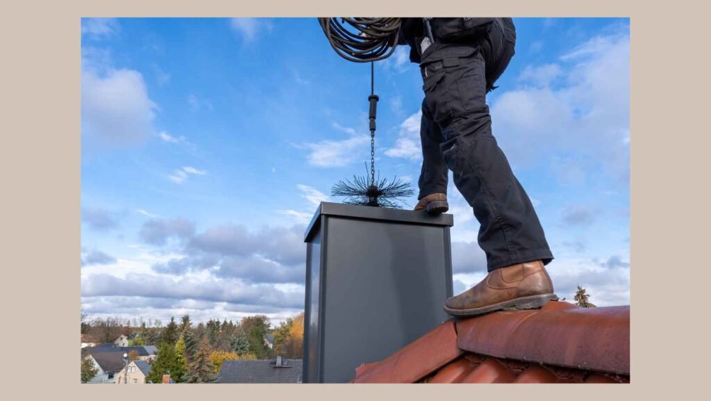 Chimney sweep working on a rooftop flue