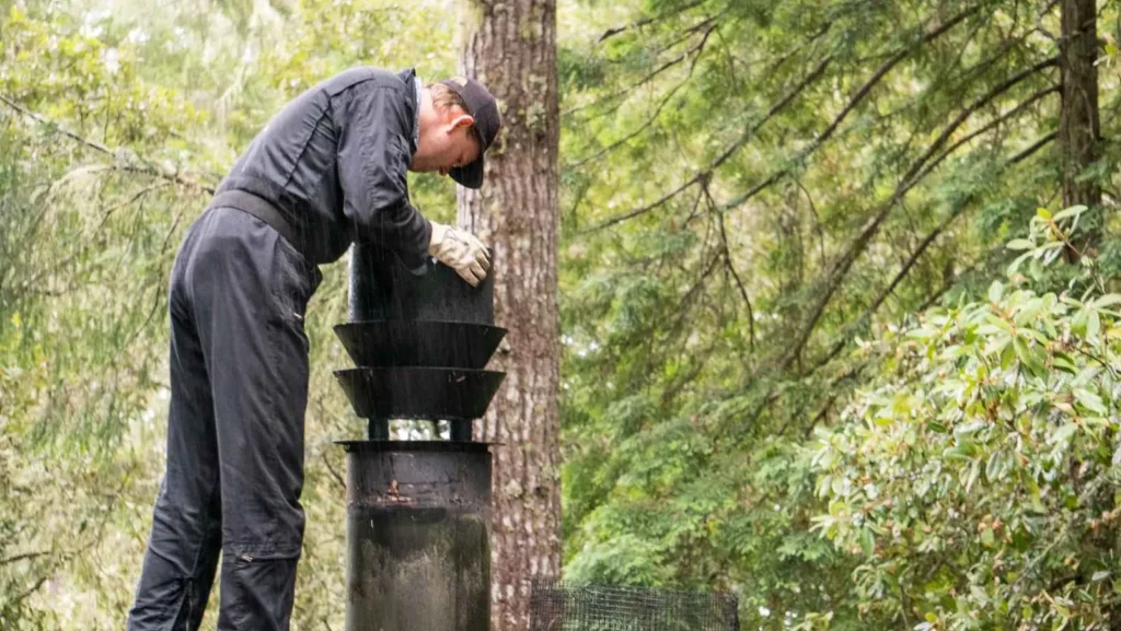 Technician checking the top of a chimney flue