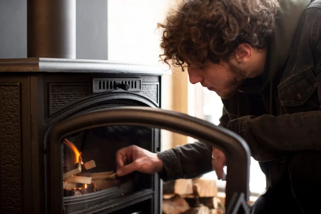 Homeowner lighting a wood stove