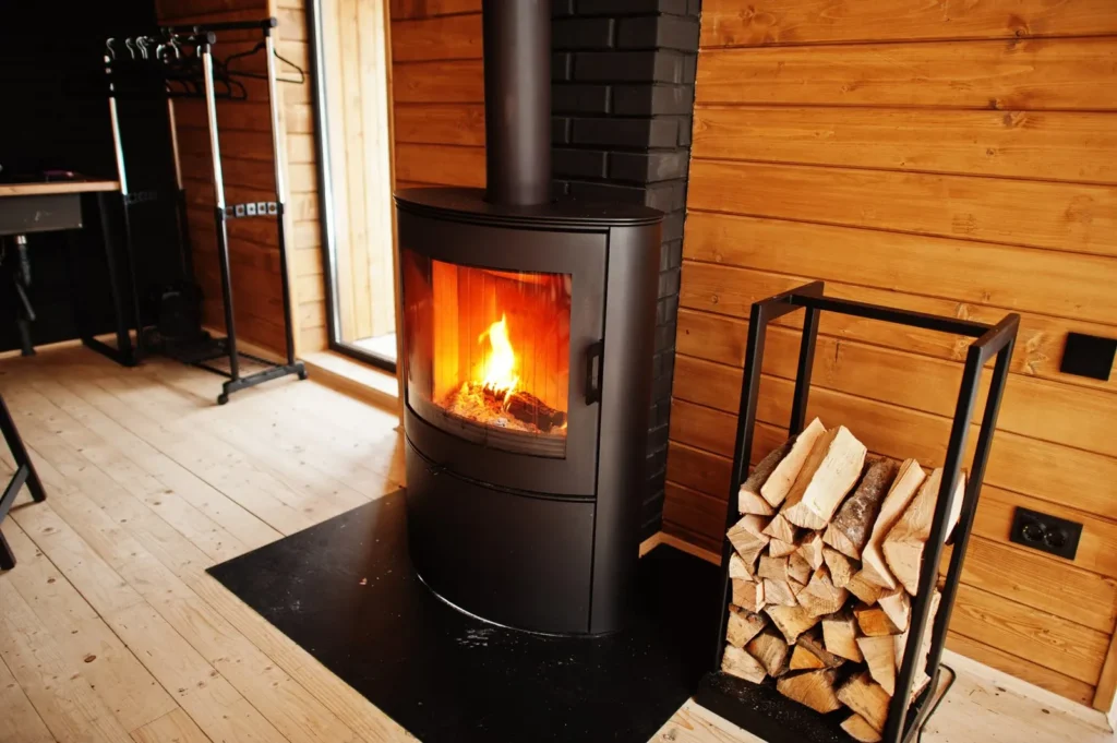 Freestanding wood stove in a modern wooden home